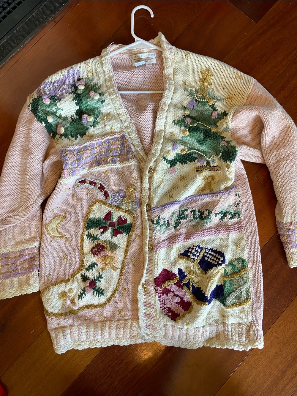 Vintage 90s Pink Hand Embroidered Holiday Cardigan Sweater
